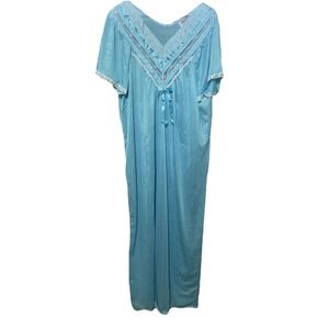 VTG Rikkí  Women's M Nightie Satin Lace Trim Aqua Blue Made in USA Granny